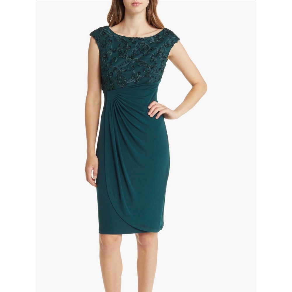 Connected Apparel soutache bodice mock wrap dress Emerald Green Seguin Size 16